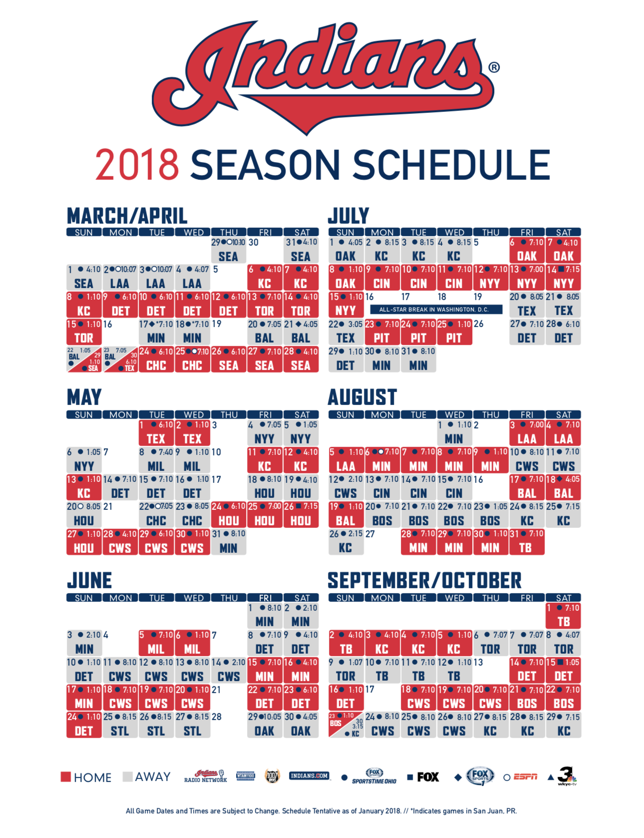Cleveland Indians release 2018 schedule game times and broadcast schedule