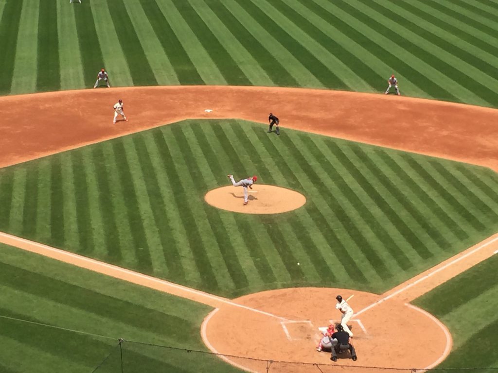 Indians Michael Brantley with a swing vs Jared Weaver and the Angels (Photo by Matt Loede) 