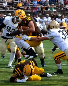 BW senior quarterback Tyler Moeglin (Canton/ St. Thomas Aquinas) completed 9 of 17 passes for 76 yards and rushed it 21 times for 51 yards and two touchdowns. Photo – Ryan Kaczmarski