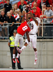 Ohio State Buckeyes cornerback Gareon Conley (8) tips the ball away from Northern Illinois Huskies wide receiver Kenny Golladay (19) during the fourth quarter of the NCAA football game at Ohio Stadium in Columbus on Sept. 19, 2015.