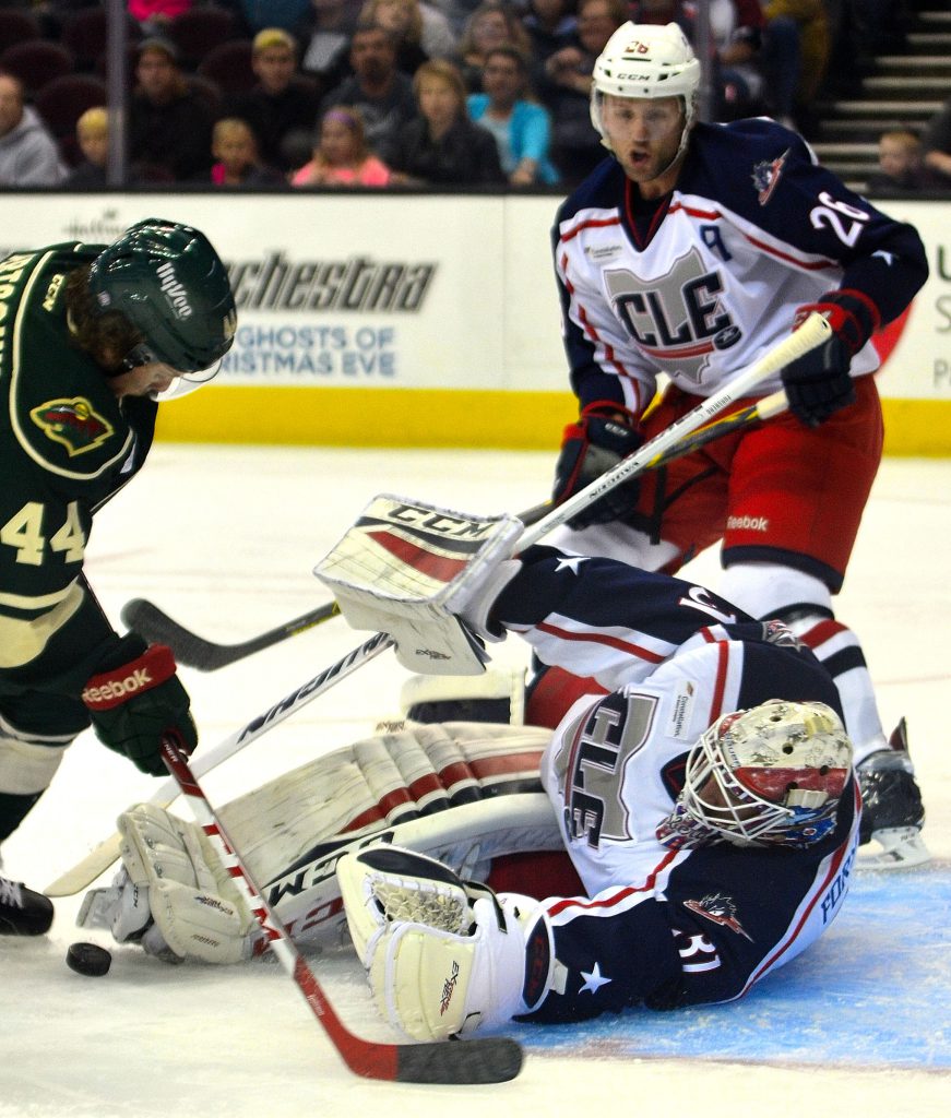 Monsters goalkeeper Anton Forsberg makes a save in the 4-1 victory over Iowaczmarski