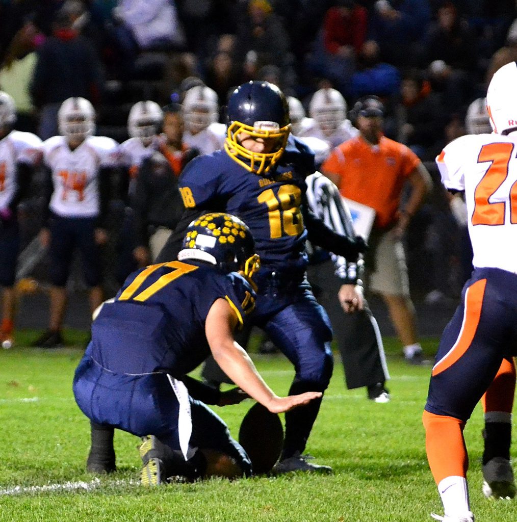 Olmsted Falls junior kicker Rickey Castrigano hit on a 20-yard field goal to put the Bulldogs up 30-27 with 1:02 left in the game, which was the eventual game winner. 