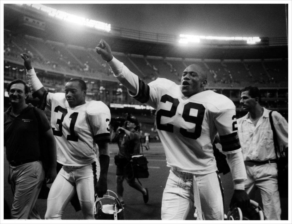 News-Herald file Frank Minnifield and Hanford Dixon celebrate after the BrownsÕ 51-0 season-opening win in 1989 over the Steelers at Three Rivers Stadium.