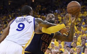 Andre Igoudala hammers LeBron James in the NBA Finals...no foul was called on the play.