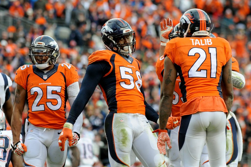 DENVER, CO - JANUARY 24: Von Miller #58 of the Denver Broncos reacts after a sack in the third quarter against the New England Patriots in the AFC Championship game at Sports Authority Field at Mile High on January 24, 2016 in Denver, Colorado. (Photo by Dustin Bradford/Getty Images)