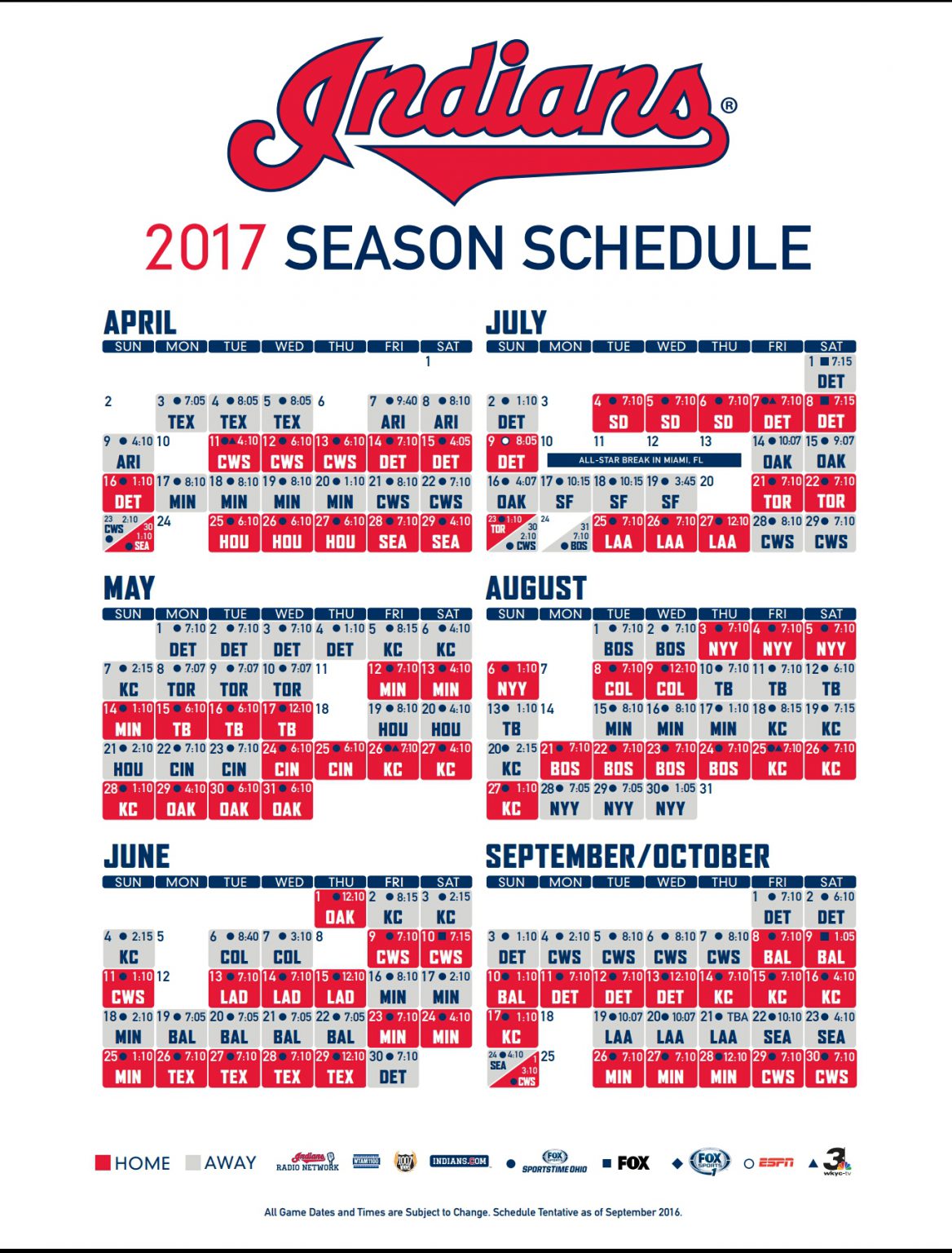 Cleveland Indians Announce Game Times and Broadcast Schedule for 2017